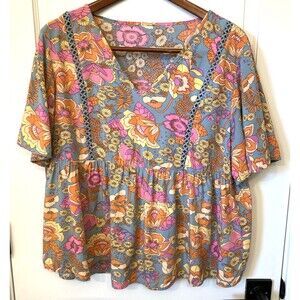 Babydoll Hippie Boho Top XL Blue Orange Retro Floral Short Sleeve Funky Grunge